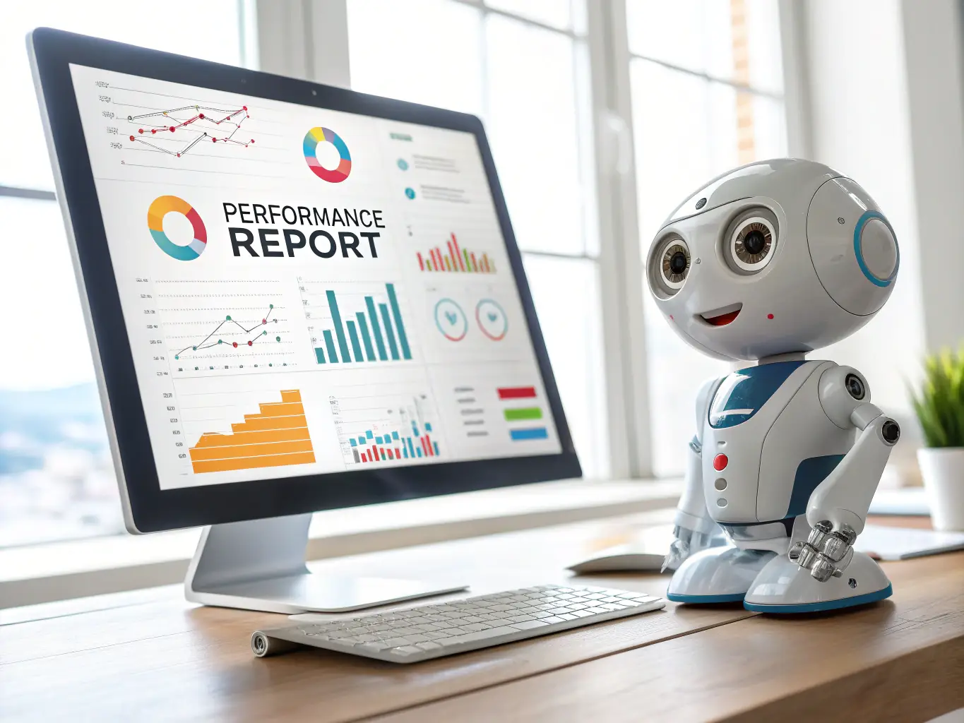 A digital artist's rendering of an AI-powered writing assistant, depicted as a helpful robot typing on a laptop, surrounded by glowing icons representing various writing tasks such as grammar checking, content optimization, and idea generation. The background is a clean, modern workspace.