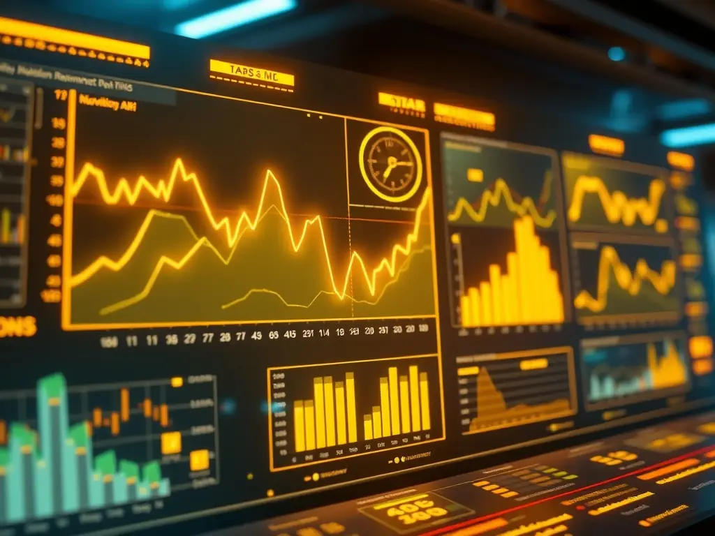 A futuristic depiction of an AI analytics dashboard, displaying real-time data and insights about blog performance. The interface is clean and intuitive, with interactive charts and graphs highlighting key metrics such as user engagement, traffic sources, and conversion rates.