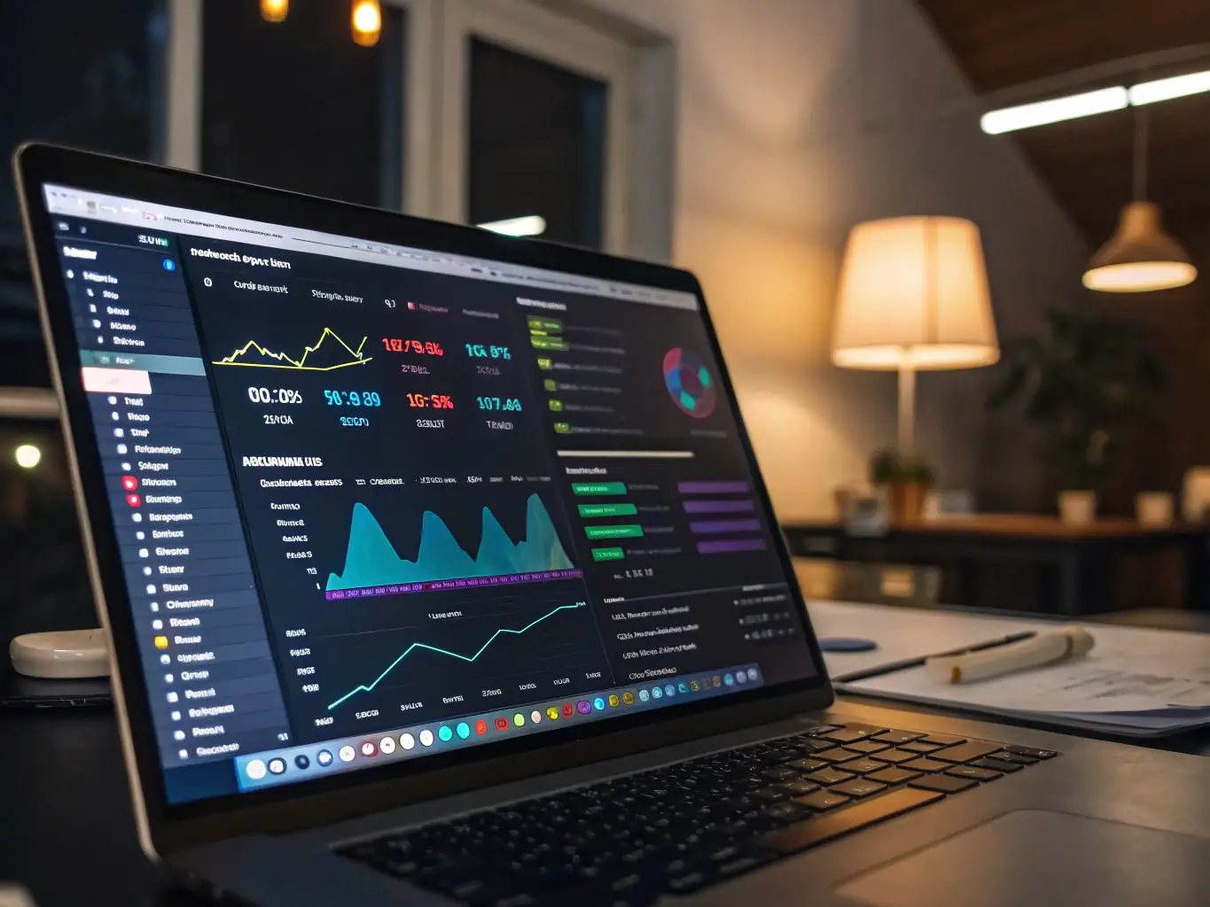 A vibrant image showcasing an AI-driven SEO tool, visualized as a magnifying glass focusing on a website ranking high in search results. The scene includes data charts and graphs in the background, symbolizing improved website traffic and visibility.