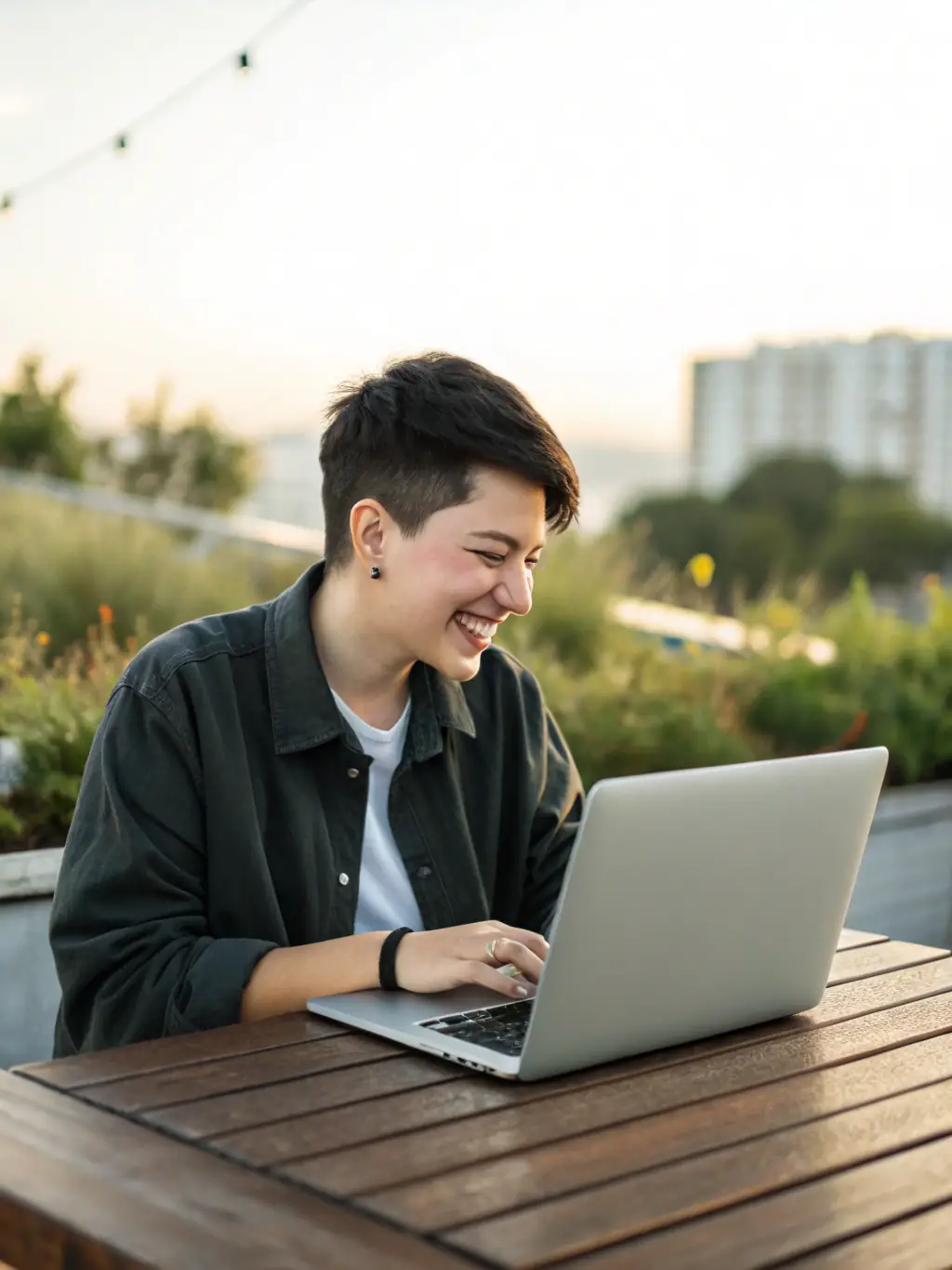 A person happily working on a laptop at a coffee shop, symbolizing the freedom of a side hustle.
