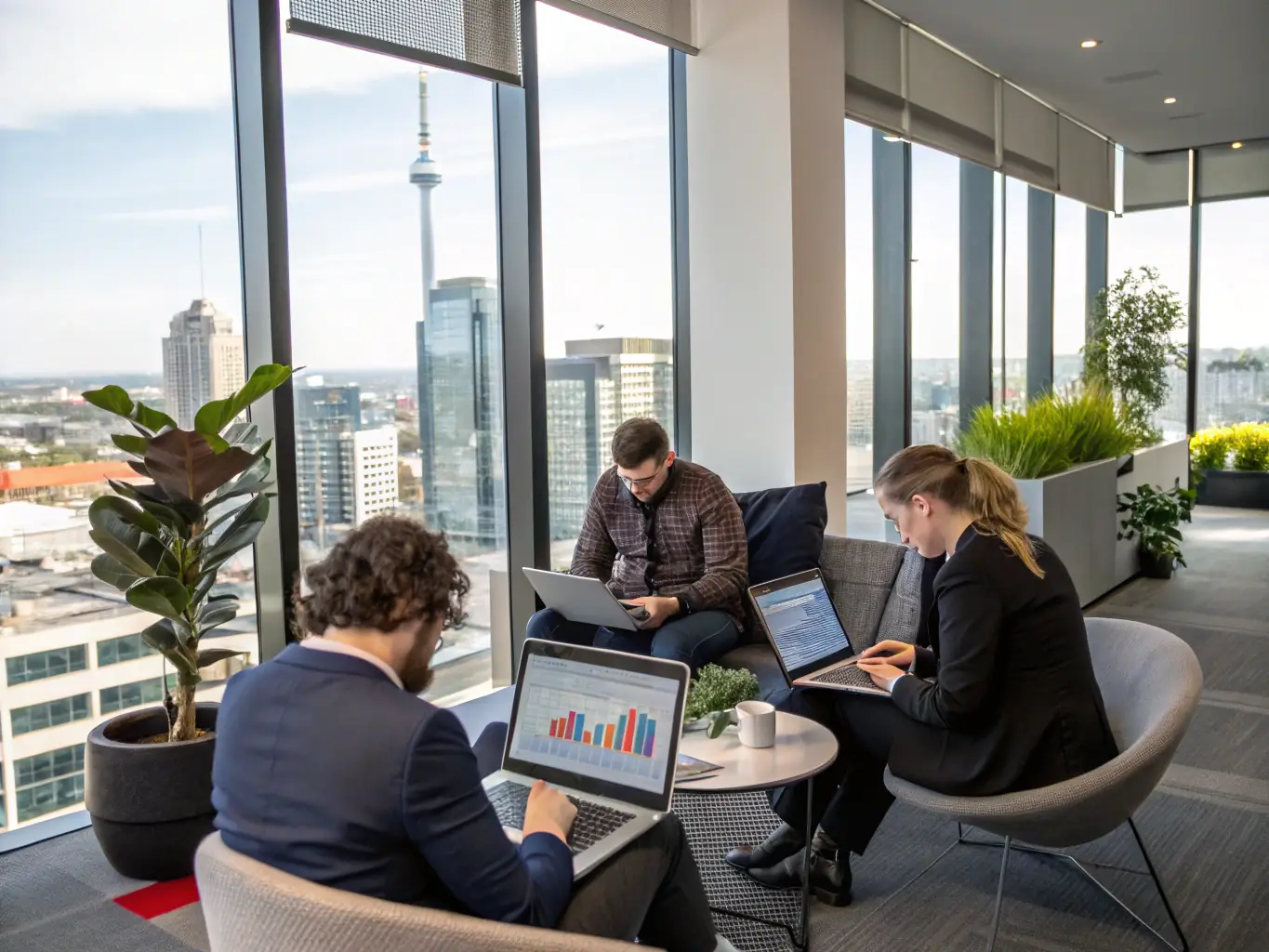 A professional workspace showcasing SEO specialists collaborating on keyword research and website optimization strategies, emphasizing EarnEdge's data-driven approach to improving search engine rankings for clients.
