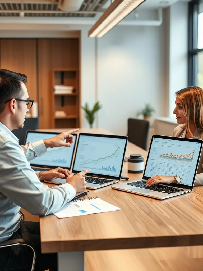 A professional, high-quality photo showcasing a laptop displaying SEO analytics dashboards, surrounded by marketing team members collaborating in a modern office setting, emphasizing data-driven SEO strategies.