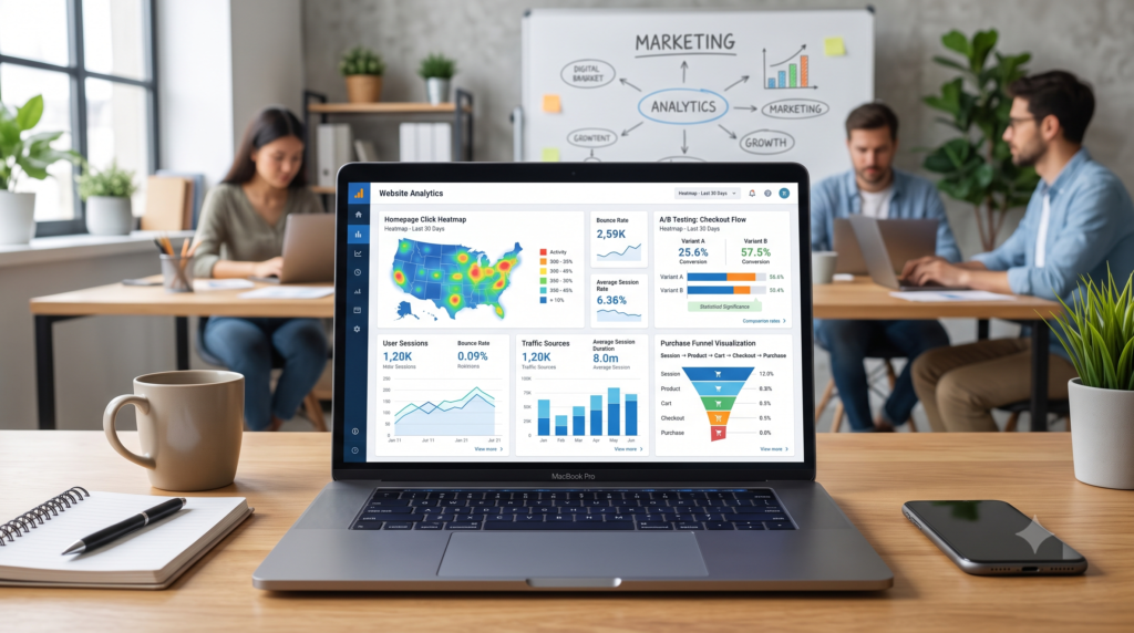 Website speed optimization dashboard displaying Core Web Vitals, PageSpeed Insights metrics, fast loading indicators, responsive devices, SEO performance charts, modern technology illustration, realistic, premium quality.