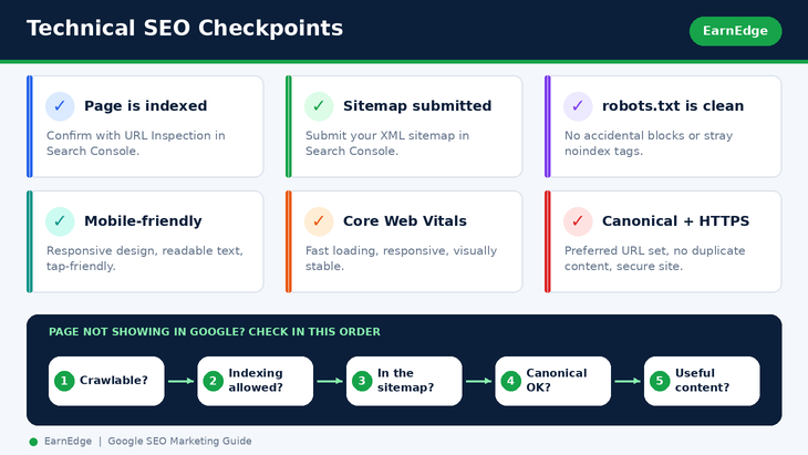 Technical SEO checkpoints and the order to check when a page is not showing in Google