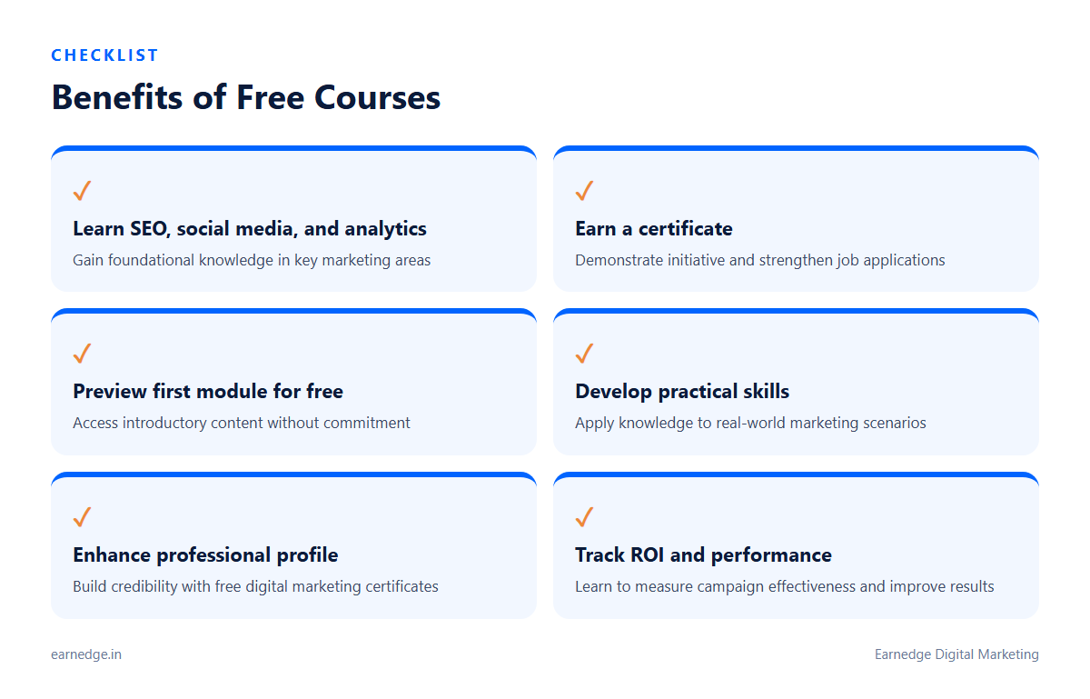 Free digital marketing courses provide skills, certificates, and practical knowledge without upfront cost